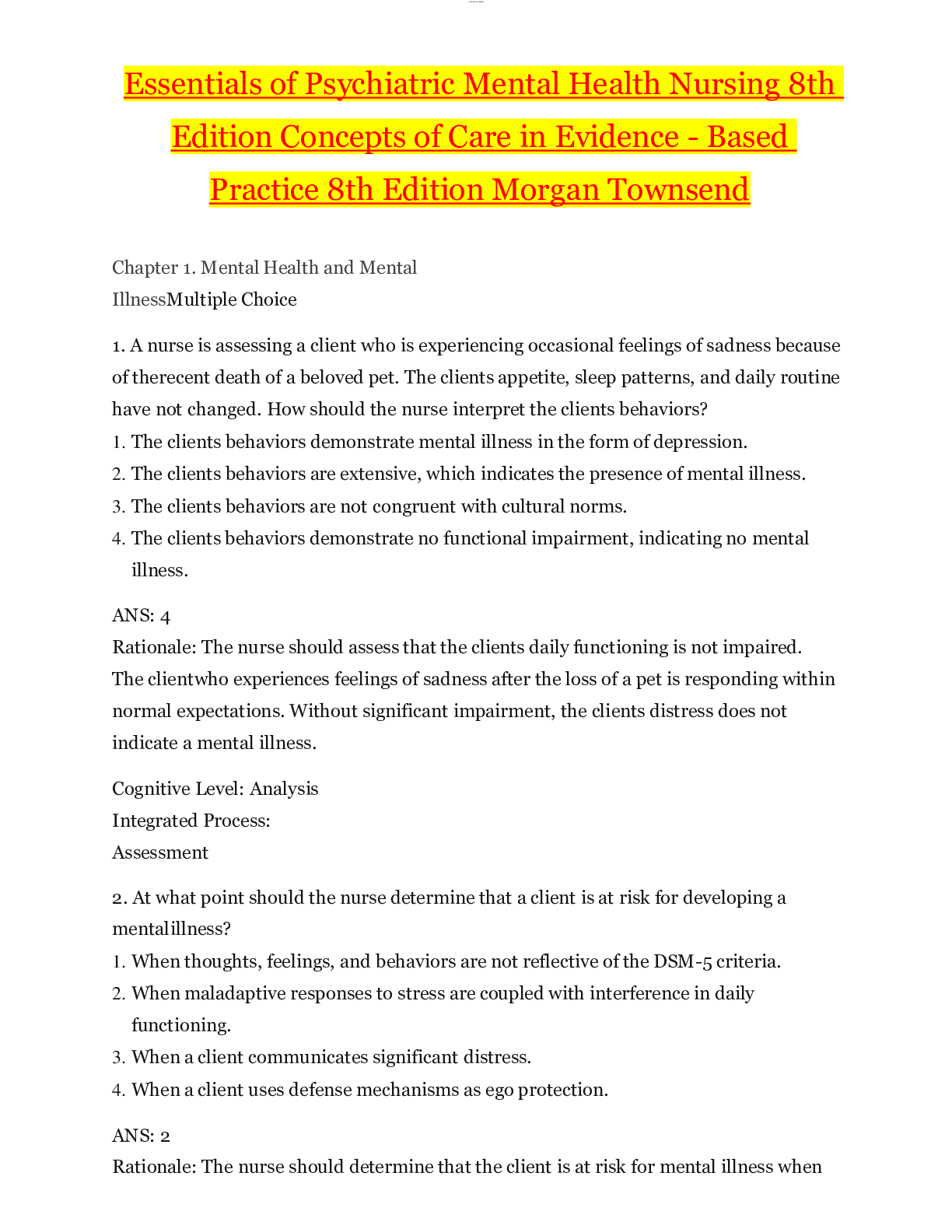 Essentials of Psychiatric Mental Health Nursing 8th  Edition Concepts of Care in Evidence - Based  Practice 8th Edition Morgan Townsend