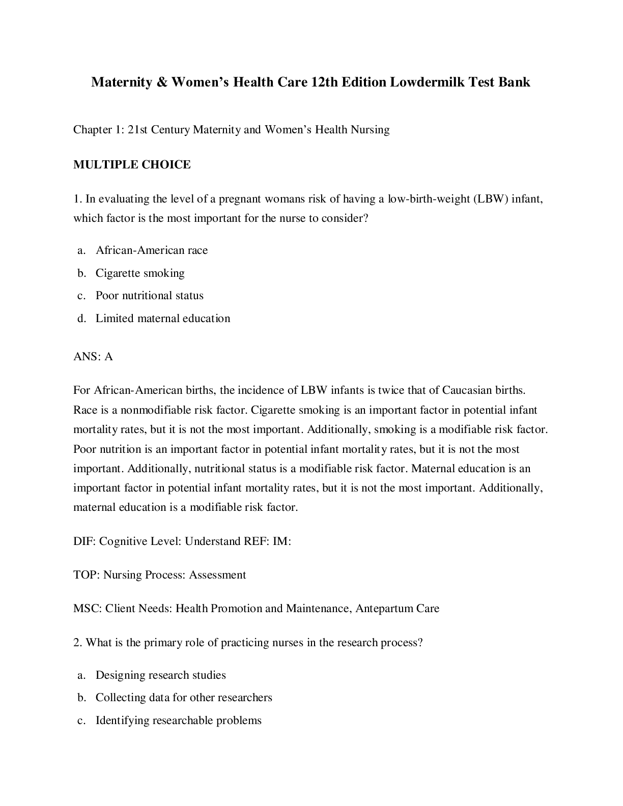 Maternity & Women’s Health Care , Lowdermilk Test Bank