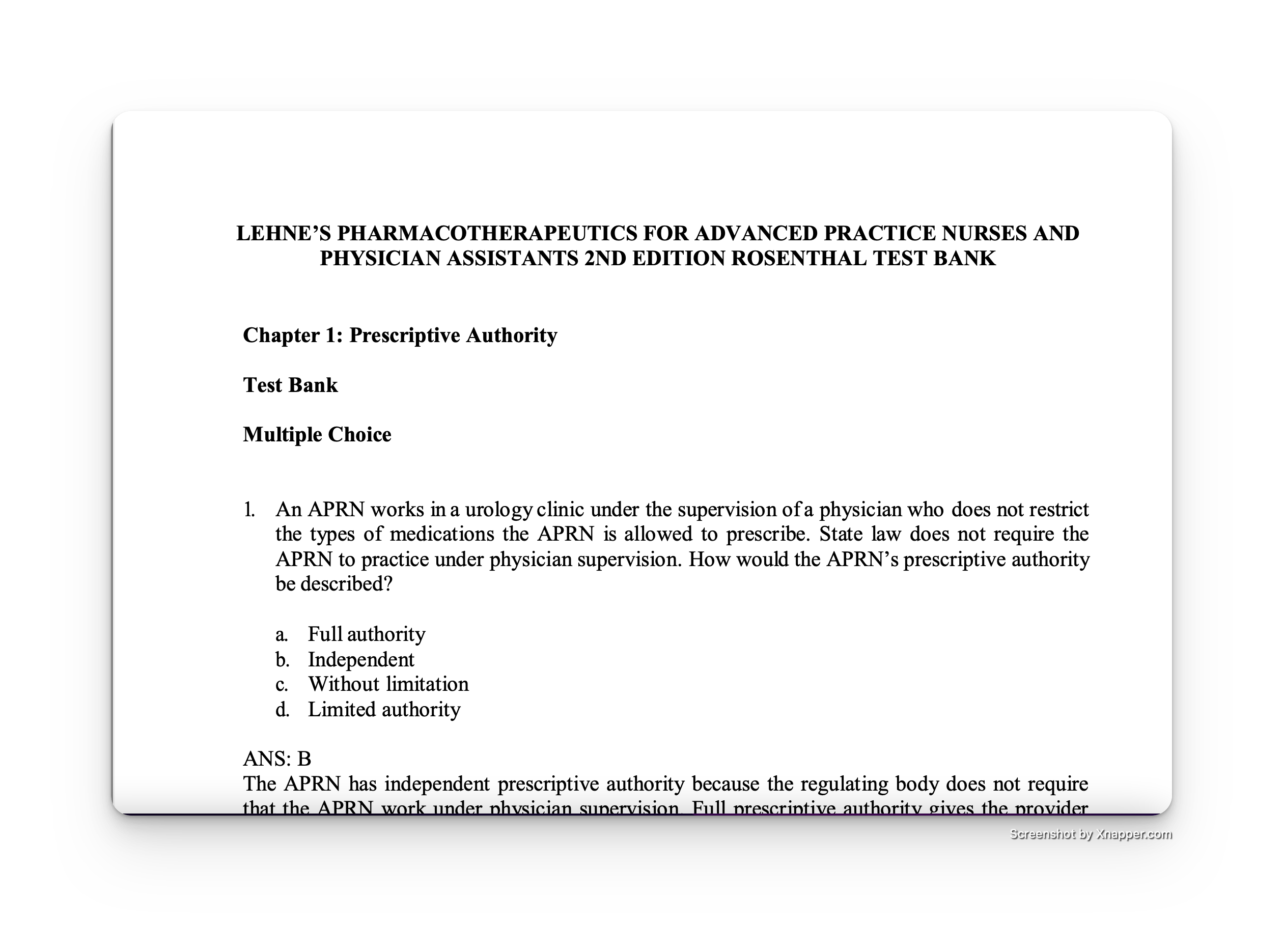 LEHNES PHARMACOTHERAPEUTICS FOR ADVANCED PRACTICE NURSES AND PHYSICIAN ASSISTANTS 2ND EDITION ROSENTHAL TEST BANK